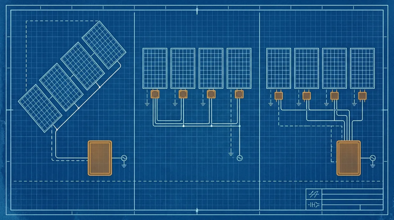 Esquema azul tipo plano con tres montajes de paneles solares: un inversor central para una cadena de paneles, un microinversor bajo cada panel y un optimizador bajo cada panel conectado a un inversor central
