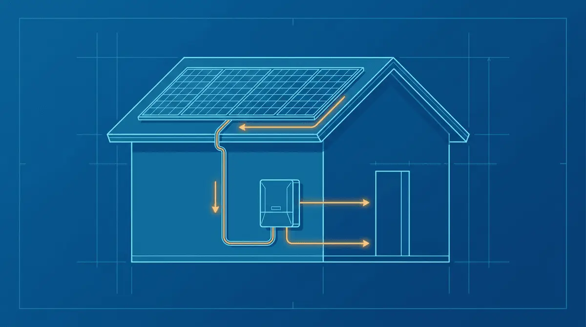 Ilustración estilo plano técnico de una casa con paneles solares en el tejado y un inversor en la pared, unidos por una línea con flechas naranjas que indican el flujo de la energía