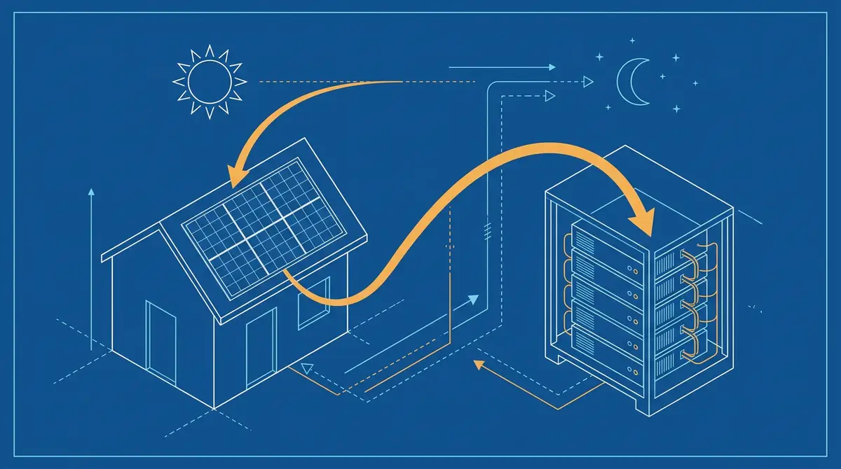 Ilustración estilo plano técnico azul de una casa con paneles solares en el tejado y, a la derecha, un armario con módulos de batería apilados; flechas naranjas curvas unen el sol, la casa y la batería, con una luna y estrellas arriba a la derecha