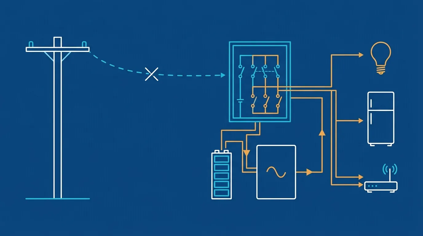 Esquema en azul y naranja: la línea de la red aparece cortada y un inversor con batería alimenta, desde un cuadro eléctrico, solo una bombilla, una nevera y un router