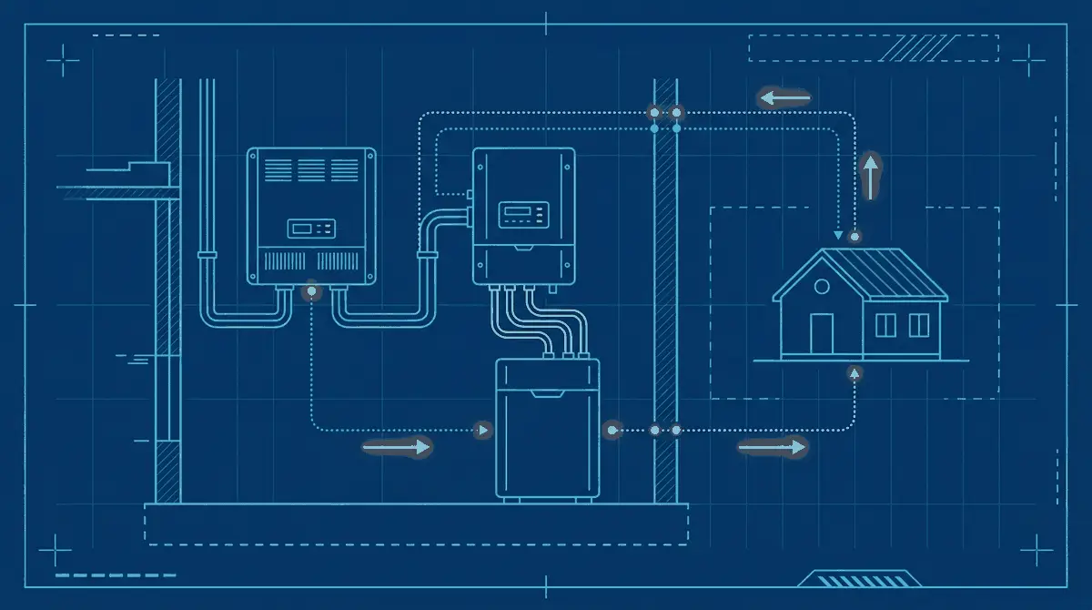 Ilustración estilo plano técnico de dos inversores en una pared, el de la derecha conectado además a una unidad de batería, con flechas naranjas que llevan la energía hacia una casa pequeña