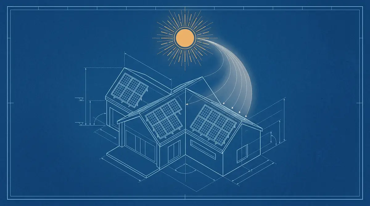 Ilustración estilo plano técnico de una casa con paneles solares en el tejado y rayos de sol que llegan desde un sol naranja