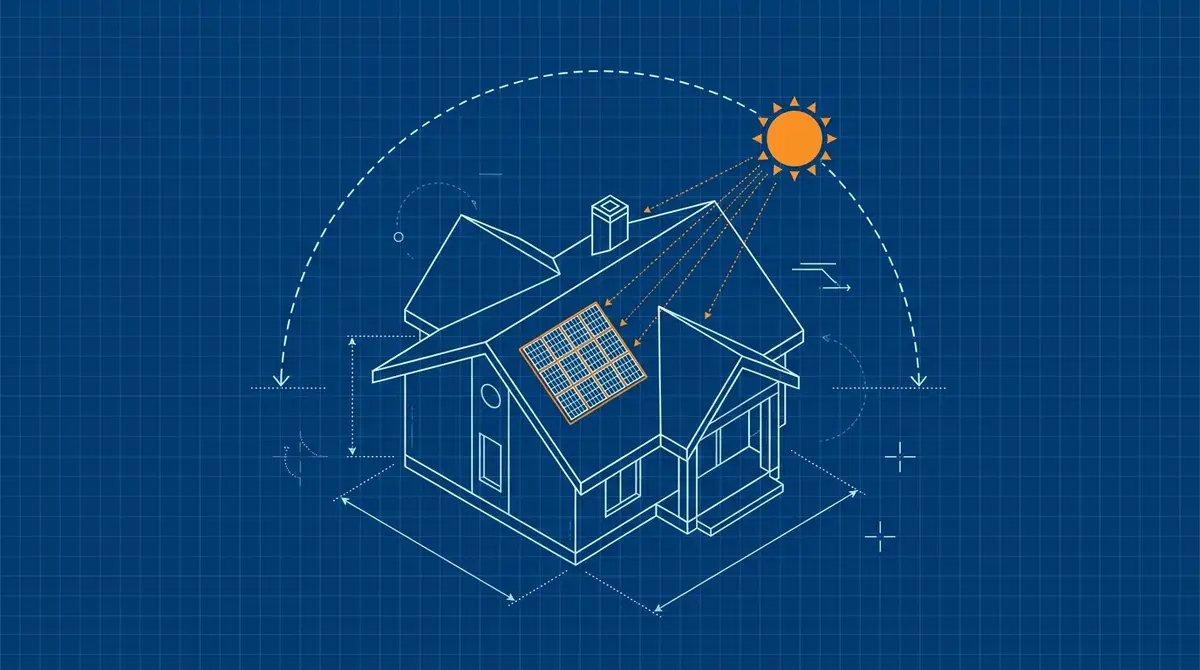 Ilustración estilo plano técnico de una casa con un pequeño grupo de paneles solares en el tejado y el arco del recorrido del sol sobre ella