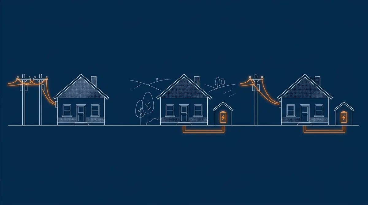 Ilustración de tres casas: una conectada a la red eléctrica, una aislada en el campo con una caseta de baterías y otra con red y baterías