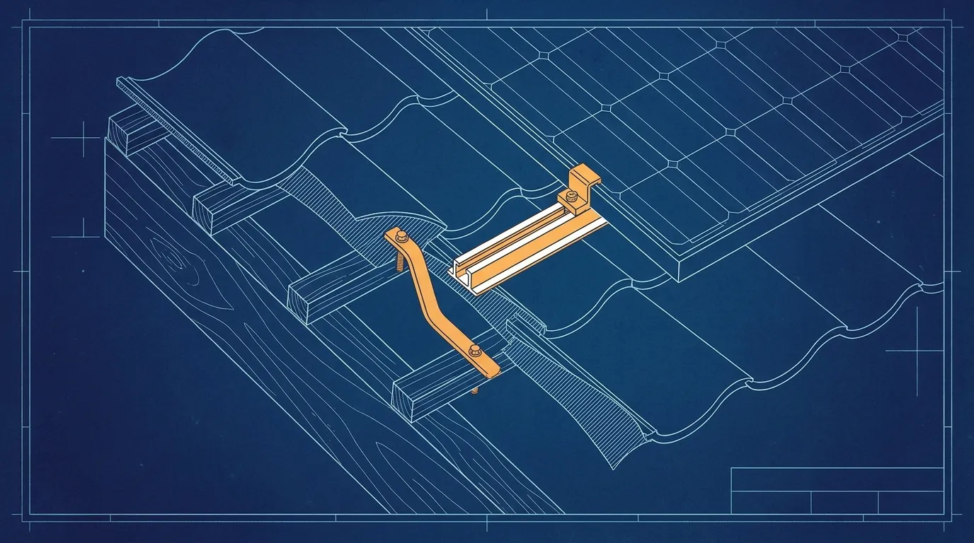 Corte isométrico de un tejado de tejas con un gancho de anclaje naranja atornillado a la viga, un riel de montaje y el borde de un panel solar fijado encima, en estilo plano técnico azul