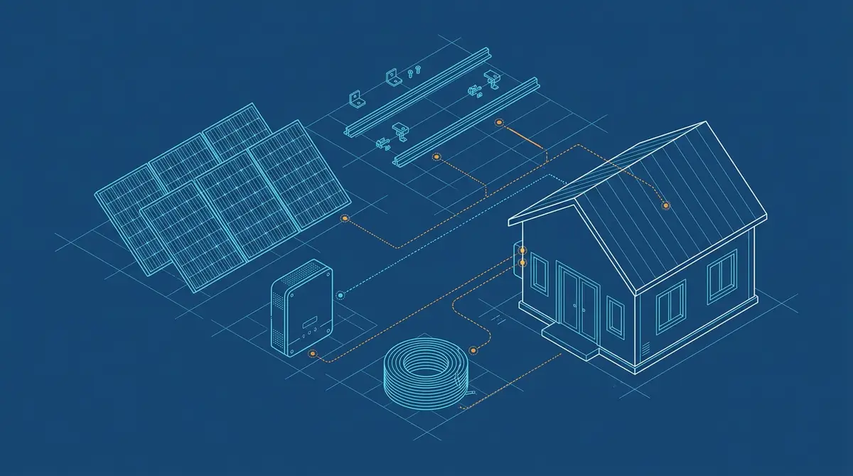 Ilustración estilo plano técnico azul de los componentes de un kit solar doméstico: varios paneles, un inversor de pared, dos rieles de montaje con tornillería y una bobina de cable, unidos con líneas punteadas naranjas a una casa pequeña