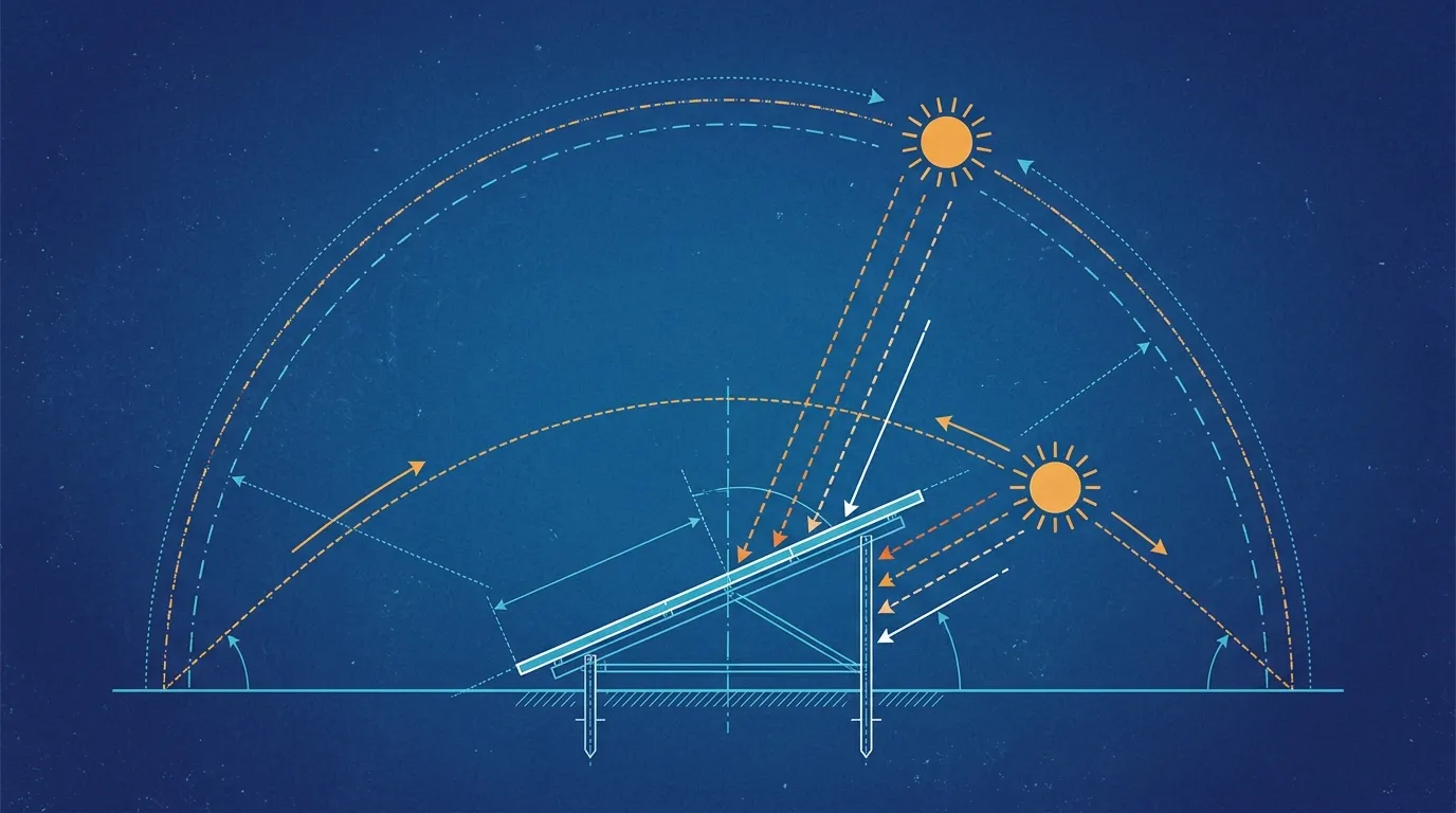Esquema de un panel solar inclinado sobre una estructura en el suelo con dos recorridos del sol: uno alto, el de verano, y otro bajo, el de invierno, con rayos que llegan al panel con distinto ángulo