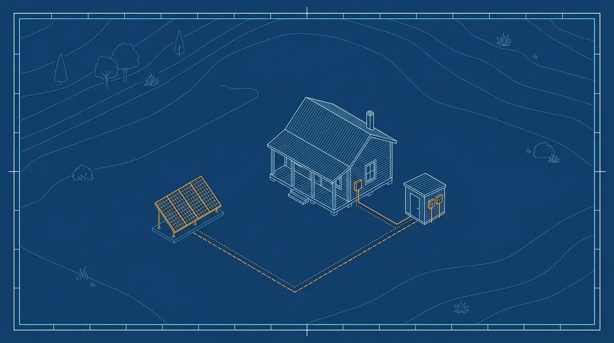 Ilustración estilo plano técnico de una casa de campo aislada con unos paneles solares sobre una estructura en el suelo y una pequeña caseta de baterías, unidos por líneas naranjas y sin cables de red eléctrica